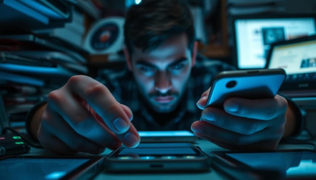 A cluttered, disorganized workspace with multiple digital devices vying for attention - smartphones, laptops, tablets, all emitting a soft, blue-tinged glow. The foreground is dominated by a person's hands, restlessly tapping and swiping, unable to focus on a single task. In the middle ground, the person's face is partially obscured, eyes strained and weary, reflecting the overwhelming sense of information overload. The background fades into a hazy blur, suggesting the narrowing of peripheral awareness, a consequence of hyper-connectivity. The lighting is dim, creating an atmosphere of fatigue and distraction, while the angle suggests an intimate, close-up perspective, emphasizing the individual's struggle with the symptoms of hyperconnectivity.