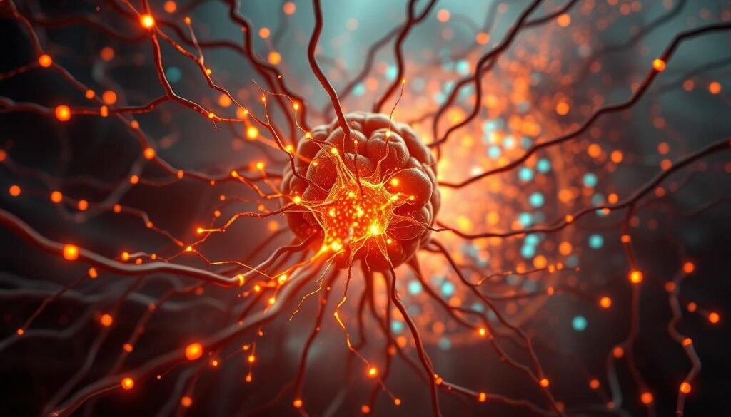 A complex neural network of glowing synapses, representing the intricate connections of the human brain. In the foreground, a large neuron surges with electric impulses, symbolizing the hyperconnectivity that permeates the mind. The middle ground features a swirling vortex of data streams, colors, and shapes, reflecting the overwhelming information flow that characterizes the modern digital landscape. In the background, a hazy, dreamlike atmosphere suggests the impact of this constant connectivity on our cognitive processes and mental well-being. Lighting is dramatic, with a warm, pulsing glow emanating from the central neuron and the surrounding data streams. The lens is slightly tilted, giving the image a sense of depth and dynamism.