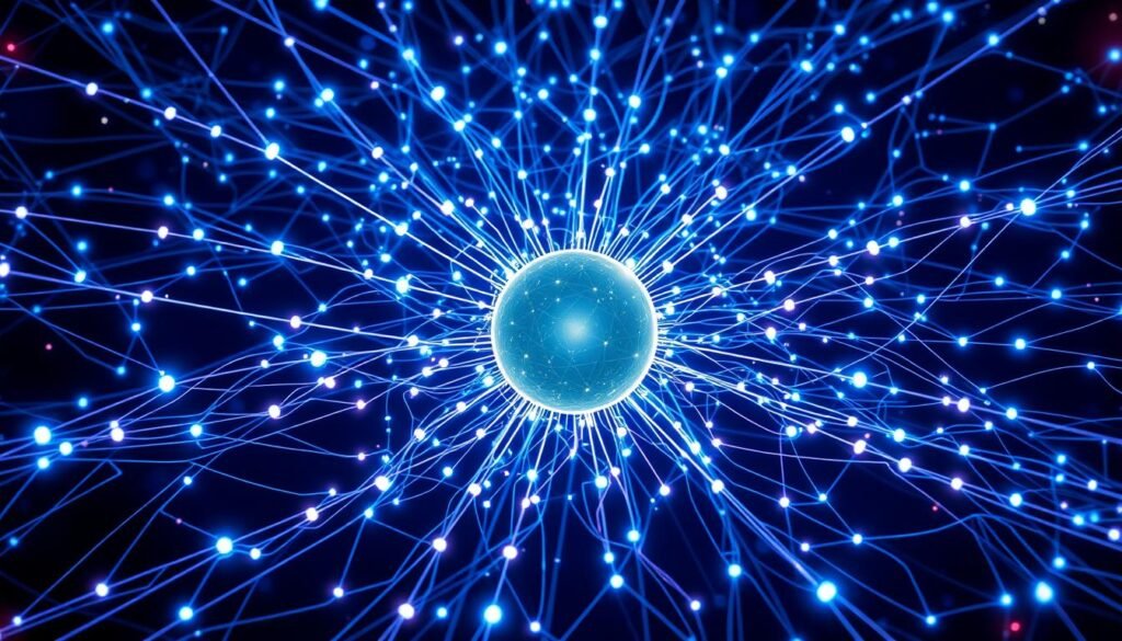 A complex web of interconnected digital devices, each node pulsing with data streams. Ethereal blue and violet hues cascade across the scene, illuminating the intricate tangle of circuits and wireless signals. In the center, a glowing orb of energy, the heart of this hyperconnected universe, radiating outward in concentric waves. Sleek, minimalist forms blend seamlessly, hinting at the invisible forces governing this digital ecosystem. A sense of boundless potential and technological immersion permeates the frame, capturing the essence of "Hiperconectividade" in a captivating, futuristic visual.