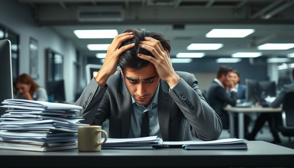 A corporate office setting with an employee visibly experiencing symptoms of anxiety. In the foreground, a person sitting at a desk, hands clutching their head, facial expression tense and distressed. Subtle details like a stack of paperwork, a computer, and a mug of coffee create a realistic work environment. The middle ground features other employees going about their tasks, unaware of the individual's inner turmoil. The background has muted tones, fluorescent lighting, and a sense of confinement, heightening the feeling of unease. The overall mood is one of subdued tension and the weight of workplace pressures taking a toll on mental well-being.