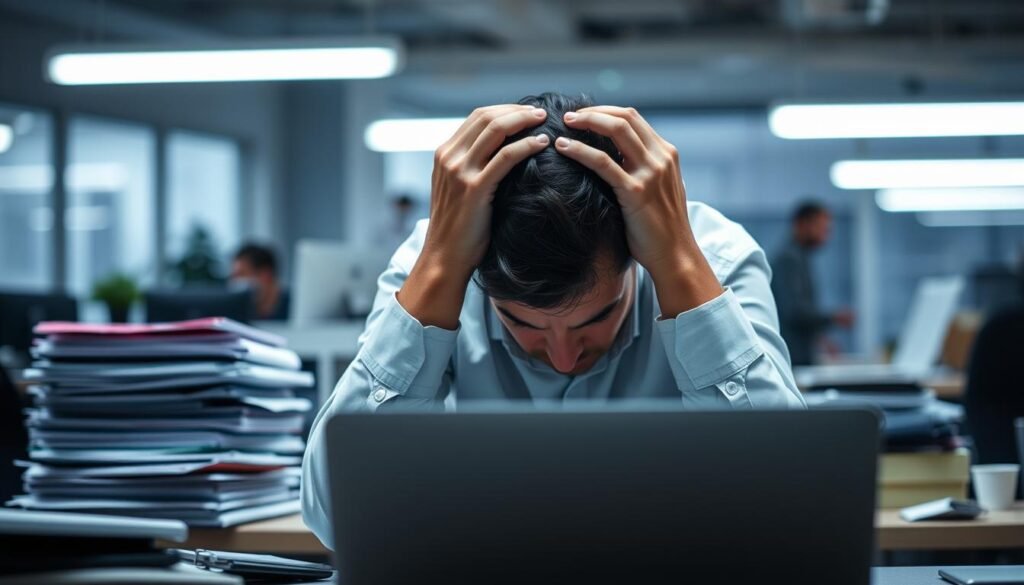 A corporate workspace bathed in a soft, fluorescent glow. In the foreground, a person sits hunched over a desk, hands gripping their head in a gesture of anxiety and stress. Their expression is one of deep worry, as if overwhelmed by the demands of their work. The middle ground features stacks of files, a laptop, and various office supplies, conveying the sense of a heavy workload. In the background, the office environment appears slightly blurred, creating a sense of distraction and lack of focus. The lighting is slightly dimmed, casting shadows that contribute to the tense, uneasy atmosphere. Overall, the scene captures the impact of workplace anxiety on an individual's productivity and well-being.