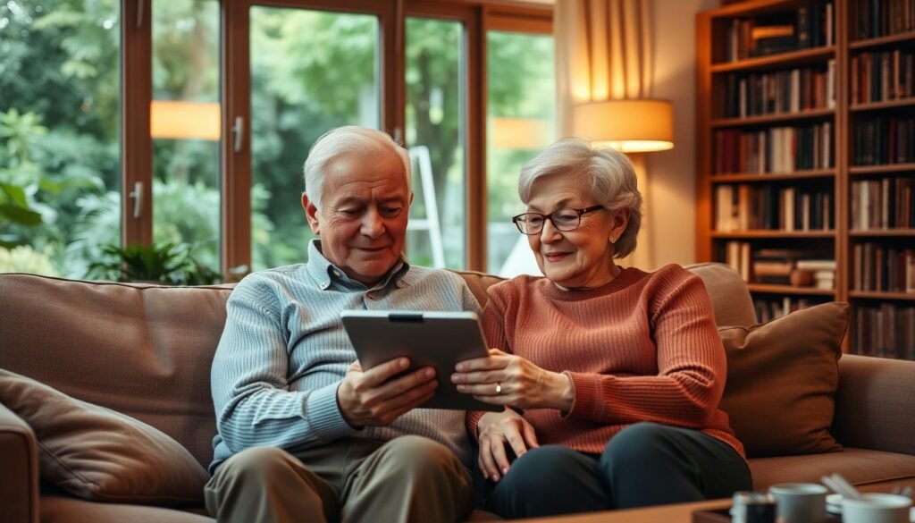 A cozy living room with an elderly couple sitting on a comfortable sofa, engrossed in using a tablet. The scene is bathed in warm, soft lighting, creating a relaxed and inviting atmosphere. In the background, a bookshelf filled with well-worn volumes and a large window overlooking a lush garden, symbolizing a lifetime of wisdom and experience. The couple's faces are filled with contentment as they navigate the digital world, showcasing how technology can enhance the quality of life in the mature years.