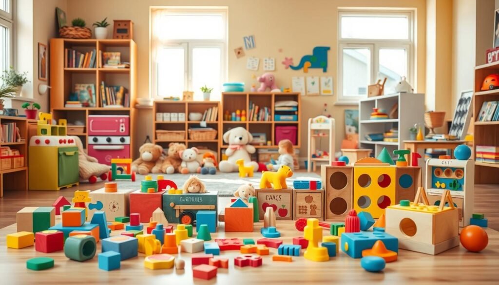 A cozy, well-lit classroom setting with an array of vibrant, educational toys and playthings for preschoolers. In the foreground, a collection of colorful wooden blocks, puzzles, and shape sorters inviting little hands to explore and discover. In the middle ground, plush stuffed animals, play kitchen sets, and building sets encourage imaginative role-play and problem-solving. The background features bookshelves stocked with children's literature, art supplies, and a variety of tactile, sensory-engaging toys that stimulate cognitive development. Warm, natural lighting filters through large windows, creating a serene, nurturing atmosphere conducive to learning through play.