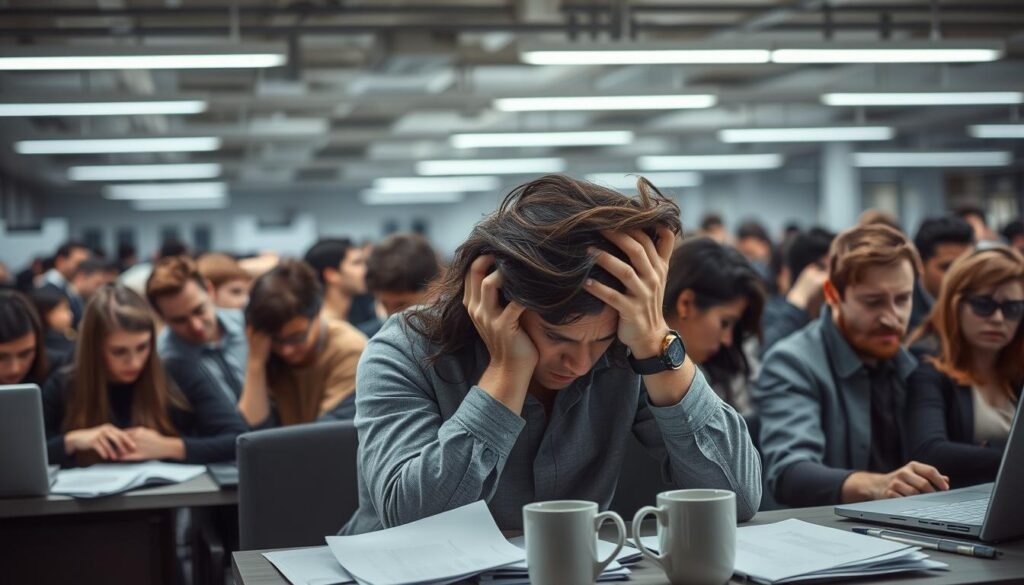 A crowded open-plan office, tension palpable in the air. Employees hunched over desks, faces etched with worry, hands grasping at hair in frustration. Fluorescent lights cast a harsh glare, amplifying the sense of mental strain. In the background, a chaotic jumble of papers, laptops, and half-empty coffee mugs. Shades of gray and muted tones convey the emotional burden of workplace stress. Subtle hints of body language - clenched jaws, furrowed brows - betray the individuals' internal turmoil. An unsettling atmosphere of collective unease pervades the scene, capturing the visceral impact of emotional distress in the professional environment.
