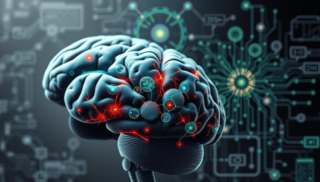 A detailed and vivid scientific illustration of the neuroscience behind technology addiction. In the foreground, a brain scan shows the neural pathways and reward centers activated by digital stimuli. The middle ground features microscopic views of synaptic activity and neurotransmitter dynamics. In the background, abstract data visualizations and circuit diagrams reveal the complex interplay of psychology, biology, and technology. Muted tones of grey, blue, and green convey the clinical, analytical nature of the subject matter. Crisp, high-resolution details captured with a macro lens give the image a sense of depth and technical precision, reflecting the rigorous scientific basis of "Texnodetox".