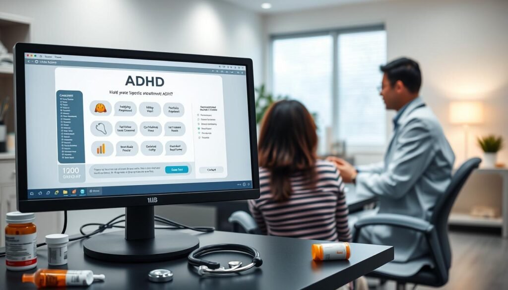 A diagnostic medical workstation in a contemporary healthcare setting. The foreground features a computer monitor displaying a ADHD diagnostic assessment, alongside medical equipment such as a stethoscope and prescription medication. The middle ground showcases a physician in a white coat, consulting with a patient seated across the desk. The background depicts a soothing, softly-lit clinical environment with modern furnishings and subtle technology accents, conveying a sense of professionalism and care. The overall scene communicates the thoughtful application of technology to support the diagnosis and treatment of ADHD.