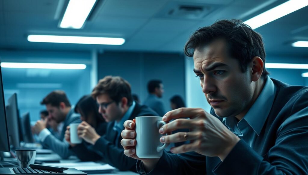 A dimly lit corporate office, tension palpable in the air. Employees hunched over desks, faces etched with worry, hands grasping coffee mugs as if for dear life. Fluorescent lights cast a sickly glow, accentuating the lines of stress on their brows. In the background, a hulking, imposing desk looms, a symbol of the unforgiving demands of the corporate machine. The scene is saturated with a sense of unease, the weight of deadlines and performance metrics bearing down on the occupants. A snapshot of the invisible anxiety that permeates the modern workplace.