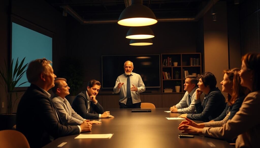A dimly lit corporate training room, with a focus on a group of business leaders gathered around a conference table. The scene is illuminated by warm, soft lighting, creating a contemplative atmosphere. In the foreground, a middle-aged man stands at the head of the table, gesturing emphatically as he addresses the attentive group. The leaders' faces express a mix of concentration and engagement, their bodies leaning forward, eager to learn. The background features subtle details like potted plants, a large wall-mounted monitor, and a bookshelf, conveying a professional, yet welcoming environment. The overall mood is one of collaborative learning and leadership development.
