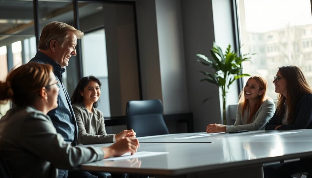 A dimly lit office environment, with a middle-aged executive standing at the front of a team meeting, their face beaming with a warm, genuine smile as they recognize and praise the accomplishments of a young, enthusiastic employee. Soft, natural lighting filters in through large windows, casting a soft, inviting glow on the scene. The team members, seated around a sleek, modern conference table, lean in attentively, their expressions conveying a sense of pride and engagement. The atmosphere is one of camaraderie, appreciation, and a shared commitment to the company's success.