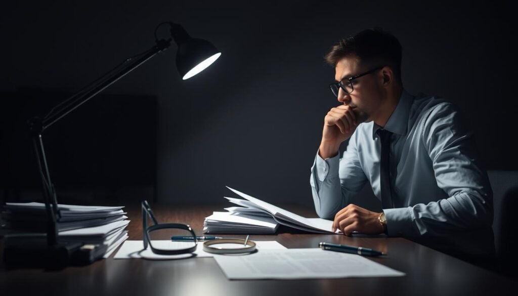 A dimly lit office space, the focus on a table where various objects are arranged - a magnifying glass, a stack of documents, a pen, and a thoughtful executive contemplating a complex problem. Soft shadows cast by a single task lamp create an atmosphere of concentration and analysis. The scene conveys the process of "identificação de conflitos" - the careful examination and identification of conflicts within the workplace, guided by the principles of neuroscience to prevent crises and foster a harmonious environment.