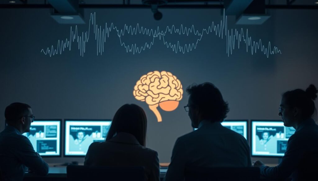 A dimly lit office space, the glow of computer screens casting a soft light across the room. In the foreground, a group of professionals engaged in deep discussion, their faces animated as they explore the intersection of neuroscience and workplace dynamics. Subtle brain wave visualizations hover above them, illustrating the complex interplay of neural activity and interpersonal interactions. The middle ground features a stylized, anatomical brain model, its intricate structure serving as a visual metaphor for the unseen processes that shape our behavior and decision-making. In the background, a minimalist, clean-lined design aesthetic, hinting at the order and precision inherent in the scientific discipline. An atmosphere of thoughtful contemplation and intellectual curiosity pervades the scene.