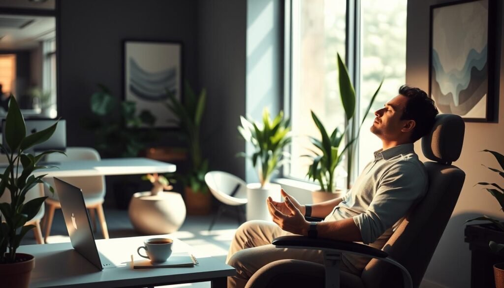 A dimly lit office space, with a cozy and calming atmosphere. In the foreground, an employee sits comfortably in a plush, ergonomic chair, eyes closed and muscles relaxed, practicing deep breathing exercises. Soft natural light filters in through large windows, casting a warm glow across the scene. Houseplants and a small water fountain add a soothing, natural element to the space. The middle ground features a minimalist desk setup, with a laptop, notepad, and a cup of herbal tea. In the background, the office walls are adorned with calming, abstract artwork, creating a sense of tranquility. The overall scene conveys a serene and rejuvenating environment, where the employee can find moments of respite and relaxation amidst the demands of the workday.