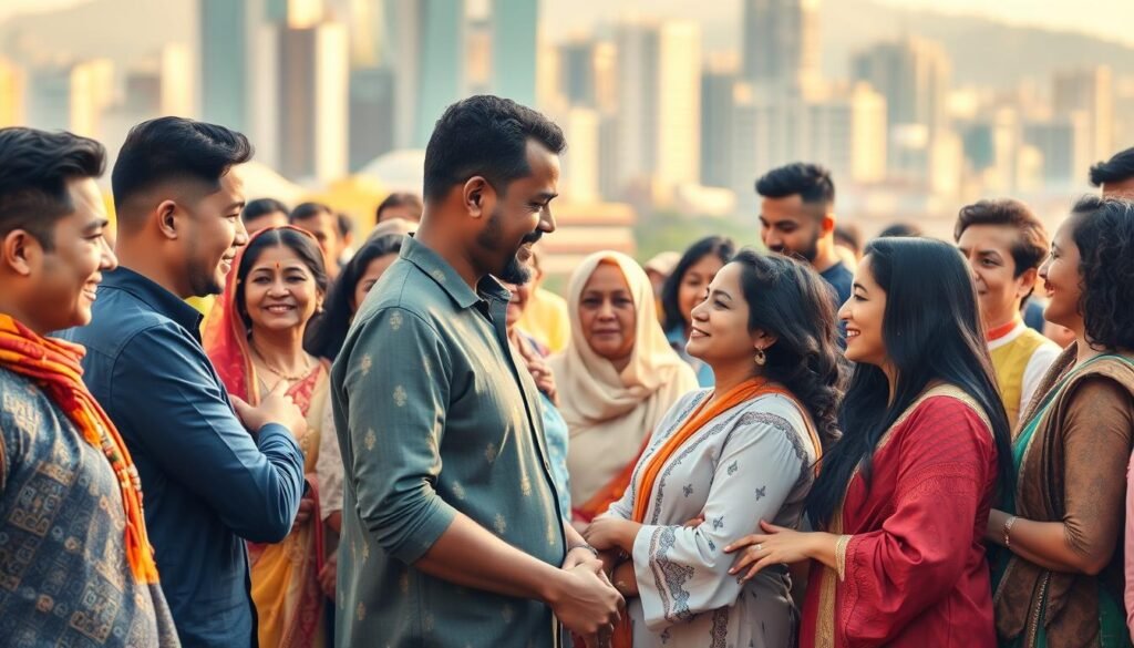 A diverse array of people from different cultures, ethnicities, and backgrounds, standing together in a harmonious scene. In the foreground, individuals of varying ages, genders, and races are engaged in vibrant conversations, sharing stories and traditions. The middle ground features a blend of traditional and modern attire, highlighting the rich tapestry of global influences. In the background, a vibrant, cosmopolitan cityscape serves as a backdrop, conveying a sense of interconnectedness and progress. Warm, natural lighting bathes the scene, creating a welcoming and inclusive atmosphere. The overall composition exudes a sense of unity, celebration, and the power of diversity to enhance productivity and well-being.