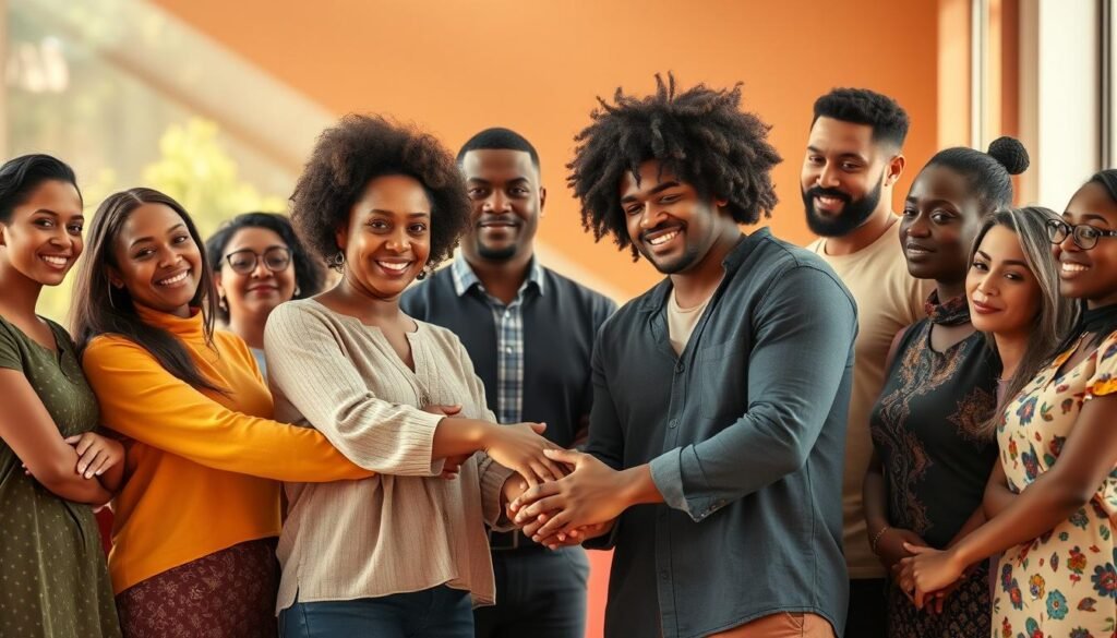 A diverse group of people from different backgrounds, cultures, and identities stand united, their hands intertwined, symbolizing respect and inclusion. The scene is set against a warm, vibrant backdrop, with natural lighting casting a soft, harmonious glow. The figures are depicted with a sense of dignity and pride, their facial expressions conveying a genuine connection and understanding. The overall composition suggests a welcoming, inclusive environment, where differences are celebrated and respected.