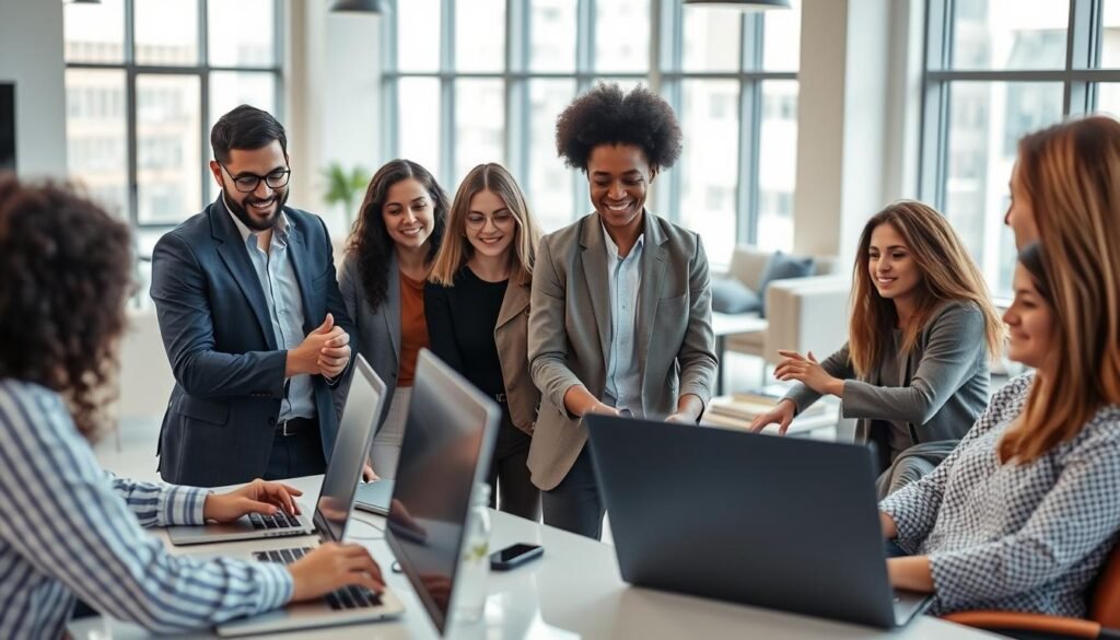 A diverse team of professionals collaborating in a bright, modern office setting. In the foreground, colleagues of varying ages, ethnicities, and abilities work together at sleek desks, their expressions engaged and supportive. The middle ground features a stylish lounge area with comfortable seating, encouraging informal discussions and team-building. The background showcases large windows flooding the space with natural light, creating an open, welcoming atmosphere. Minimalist decor and clean lines convey a sense of harmony and inclusion, where every employee feels valued and empowered to contribute their unique perspectives.
