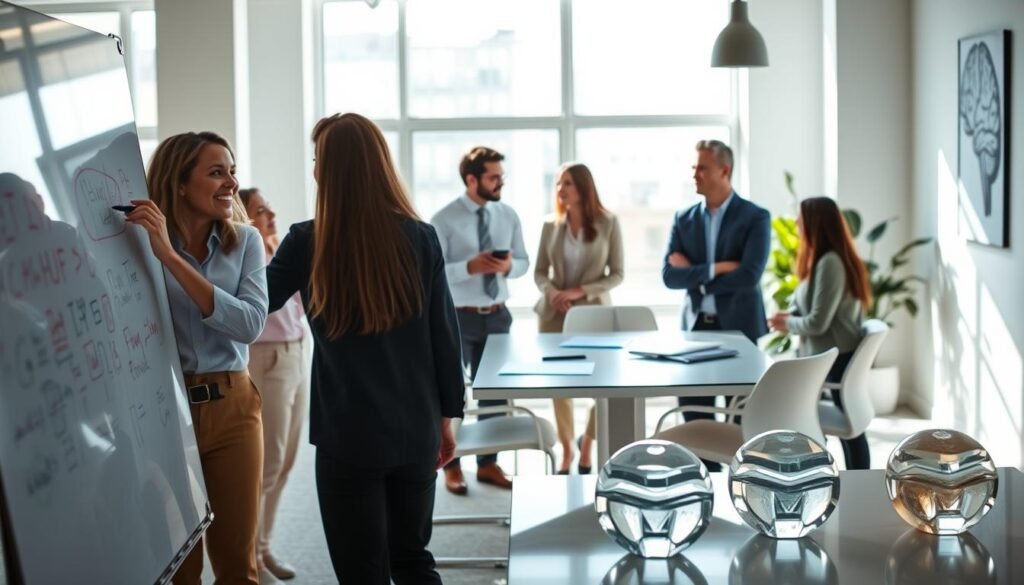 A dynamic team of professionals collaborating in a bright, modern office space. In the foreground, colleagues brainstorm ideas on a large whiteboard, their expressions animated and engaged. The middle ground features coworkers discussing project plans around a sleek conference table, their body language open and collaborative. In the background, the office is flooded with natural light from large windows, creating an atmosphere of creativity and innovation. Subtle visual cues, such as brain-shaped paperweights or brain-themed artwork, hint at the theme of neuroplasticity and its applications in the workplace.