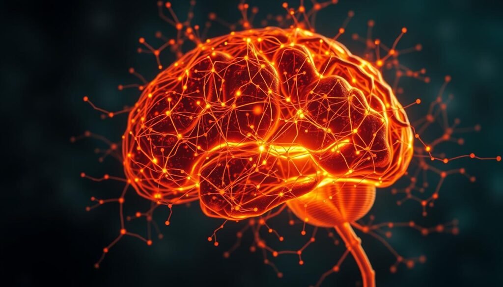 A highly interconnected neural network representing the brain of an individual with ADHD, with hyperactive synaptic connections and rapid neural impulses. The network is illuminated by a warm, glowing light, creating an intricate and visually striking pattern. The background is hazy and slightly out of focus, emphasizing the central neural network. The image conveys the complex and often overwhelming experience of hyperconnectivity in ADHD, with a sense of both beauty and intensity.