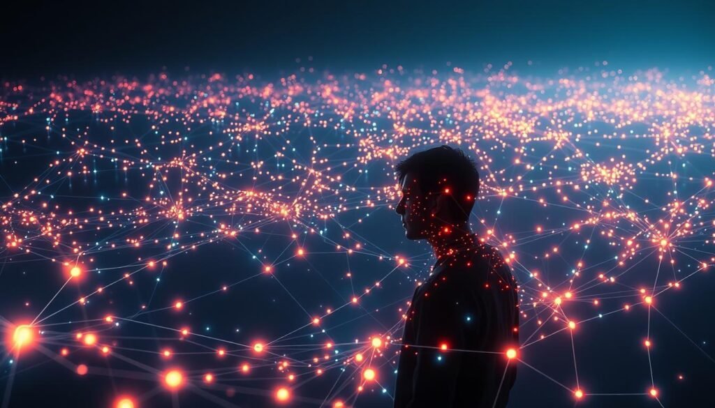 A hyper-connected digital landscape, with a sprawling network of glowing nodes and pulsing lines of data streaming across a dark, ethereal backdrop. In the foreground, a single, solitary figure is engulfed in the mesmerizing glow, their features obscured by the dazzling array of digital stimuli. The scene is lit by a cool, diffused light, casting a sense of both fascination and unease. The composition is balanced, with the central figure positioned to draw the viewer's eye, while the intricate web of connections surrounds and envelops them, suggesting the overwhelming nature of digital hyperconnectivity.