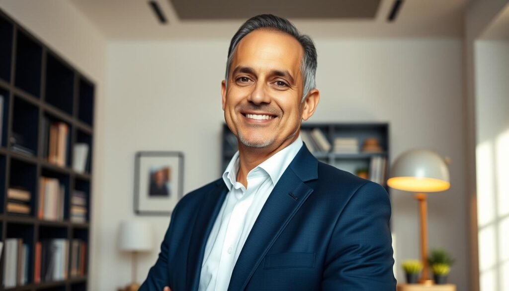 A middle-aged Brazilian man with kind eyes and a warm smile, wearing a crisp white dress shirt and a navy blue blazer. He stands in a well-lit, modern office setting, surrounded by bookshelves and minimalist decor, conveying an atmosphere of expertise and professionalism. The lighting is soft and diffused, creating subtle shadows that accentuate the man's features. The camera angle is slightly low, giving a sense of authority and stature. This is Dr. Jô Furlan, the renowned Brazilian neuroscientist and the driving force behind the Tecnodetox movement, dedicated to promoting healthy digital connectivity.
