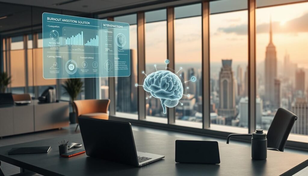 A modern, sleek office setting with a focus on technology-assisted burnout management solutions. In the foreground, a sophisticated desk setup featuring a laptop, tablet, and ergonomic accessories. Overhead, a floating holographic display showcases various burnout analytics and intervention options. The middle ground features a stylized 3D model of a human brain, highlighting key neural activity patterns. In the background, a large window offers a panoramic view of a bustling cityscape, symbolizing the fast-paced corporate environment. Subtle yet impactful lighting casts a warm, productive glow throughout the scene. An atmosphere of innovation, productivity, and well-being permeates the image.