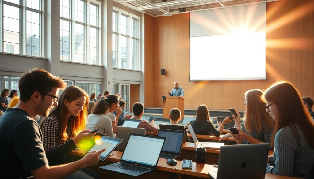 A modern university campus, with students using laptops, tablets, and smartphones in a bright, airy lecture hall. Sunlight streams through large windows, illuminating the scene with a warm, natural glow. In the foreground, a group of students collaborate on a project, their faces lit with excitement as they discuss ideas and share information on their devices. In the middle ground, a professor stands at a podium, gesturing as they deliver a lecture, their presentation displayed on a large, high-resolution screen behind them. The background features a blend of classic and contemporary architecture, suggesting a balance between tradition and innovation. The overall atmosphere conveys a sense of intellectual curiosity, technological integration, and the transformative power of education in the digital age.
