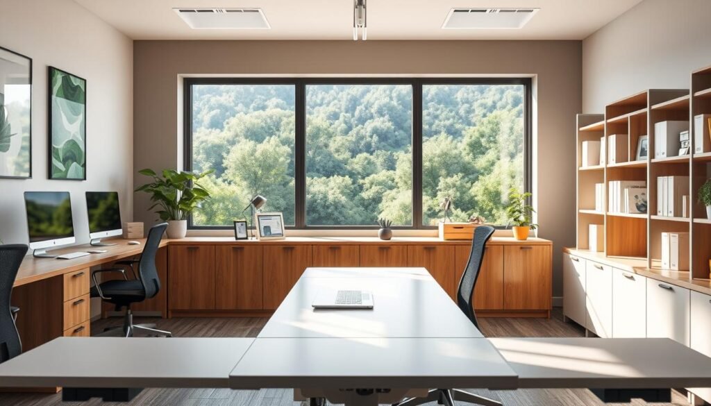 A neatly organized modern office space with ergonomic workstations. The foreground features an adjustable desk with a clean, minimalist design and a comfortable ergonomic chair. The middle ground showcases a large, well-lit window overlooking a lush, verdant landscape, creating a calming and natural atmosphere. The background showcases stylish, functional storage solutions and shelving units. Soft, diffused lighting gently illuminates the scene, promoting a sense of balance and well-being. The overall composition conveys a harmonious, productive, and health-conscious work environment.