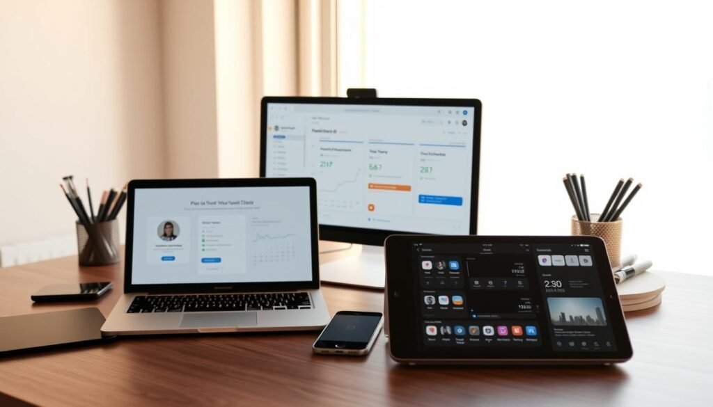 A neatly organized office desk with a laptop, mobile phone, and tablet display showing productivity apps designed for individuals with ADHD. The desk is illuminated by warm, natural lighting from a large window, creating a calming and focused atmosphere. The foreground features a to-do list, calendar, and time management tools, while the background showcases a minimalist workspace with sleek, modern office supplies. The overall composition conveys a sense of organization, control, and the potential for increased productivity through the use of technology tailored for the ADHD experience.