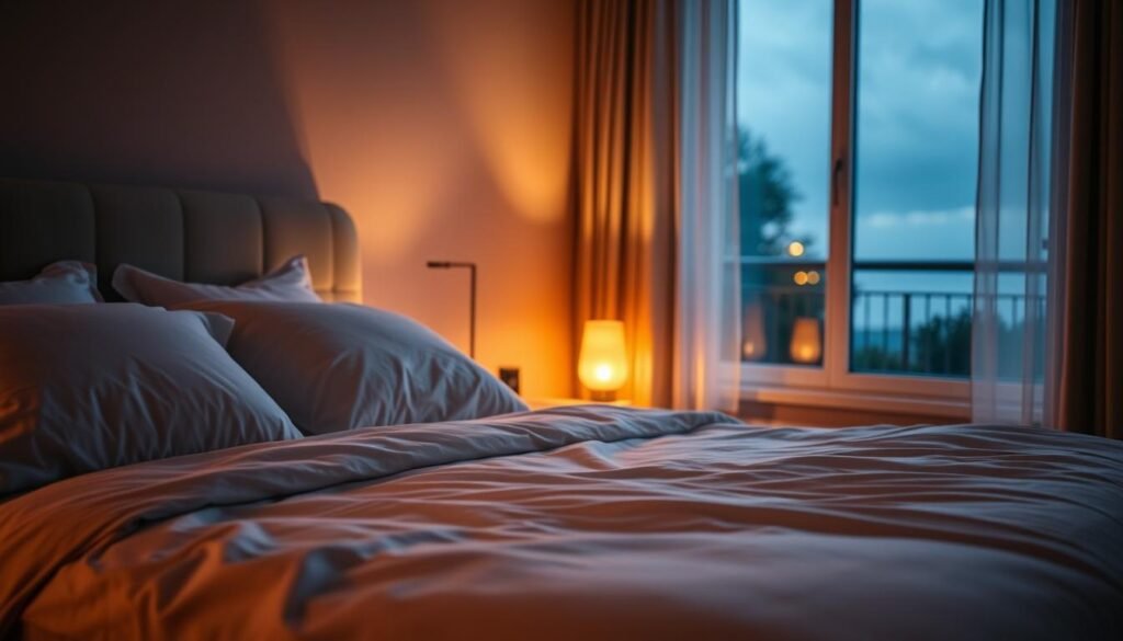 A peaceful bedroom setting, bathed in warm, soft lighting. In the foreground, a comfortable-looking bed with crisp, high-quality linens and plush pillows. The middle ground features a nightstand with a tasteful, minimalist lamp casting a gentle glow. In the background, a serene window overlooking a tranquil outdoor scene, hinting at the restorative power of quality sleep. The overall atmosphere exudes a sense of relaxation, comfort, and rejuvenation, conveying the importance of "sono de qualidade" (quality sleep) for the well-being of busy professionals.