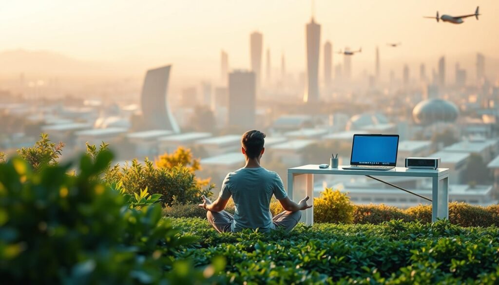 A peaceful, harmonious scene of "Tecnologia Consciente". In the foreground, a person sits cross-legged, meditating in a serene garden. Soft natural lighting filters through the verdant foliage. In the middle ground, a sleek, minimalist workstation with a laptop and a few simple, elegant devices. The background features a futuristic cityscape with clean, efficient architecture, solar panels, and flying vehicles, all bathed in a warm, amber glow. The overall mood is one of mindfulness, balance, and the integration of technology with nature. The composition should convey a sense of tranquility, focus, and the responsible, conscious use of technology.