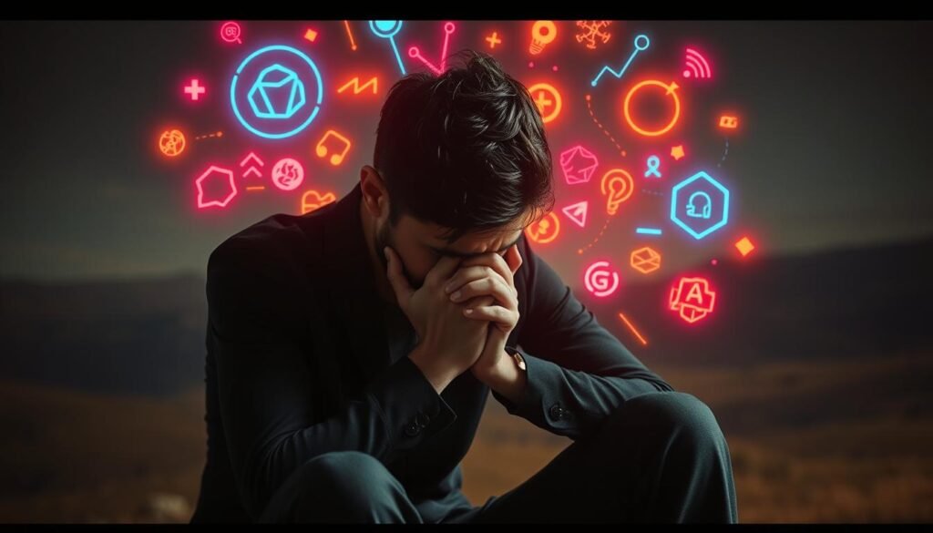A person sitting alone, face buried in their hands, expression conveying profound emotional distress. Vibrant, neon-like digital glyphs and symbols swirl around them, symbolizing the overwhelming sense of hyper-connectivity and information overload. The background is a blurred, abstract landscape, hinting at the subject's disconnection from the physical world. Warm, moody lighting casts dramatic shadows, heightening the sense of emotional intensity. Cinematic, wide-angle perspective to convey the vastness of the inner turmoil. Subtle film grain and a muted color palette add a sense of melancholy. The overall tone is one of psychological strain and the emotional toll of the digital age.