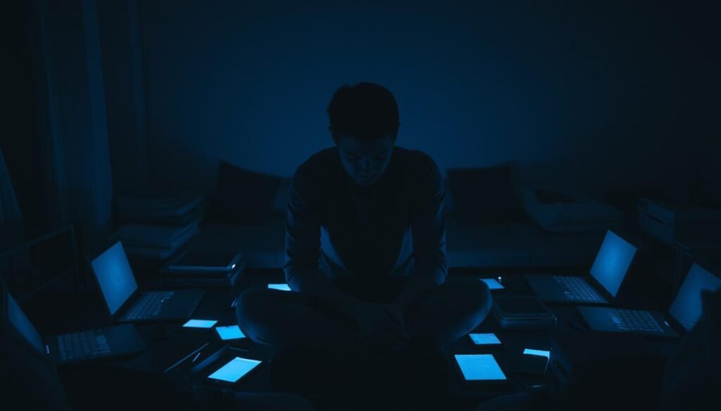 A person sitting alone in a dimly lit room, their face obscured by shadows, exuding a sense of unease and constant worry. The room is cluttered with technological devices - smartphones, laptops, and tablets - all glowing with an eerie blue light, symbolizing the ever-present digital connectivity that fuels the subject's anxiety. The atmosphere is heavy, the lighting dramatic, with deep contrasts and a somber, pensive mood. The composition emphasizes the subject's isolation and the overwhelming presence of the digital world, leaving the viewer with a palpable sense of the psychological burden of "constant anxiety" in the modern, hyperconnected age.