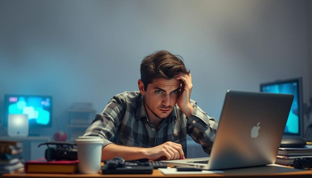 A person sitting at a cluttered desk, staring intently at a laptop screen, their expression distracted and unfocused. The background is hazy, with subtle distractions like vibrant smartphone notifications and the flickering of a television in the distance. The lighting is soft and diffused, creating a sense of mental fog and cognitive strain. The overall scene conveys the overwhelming nature of digital overstimulation and the difficulty in maintaining concentration in a hyper-connected world.