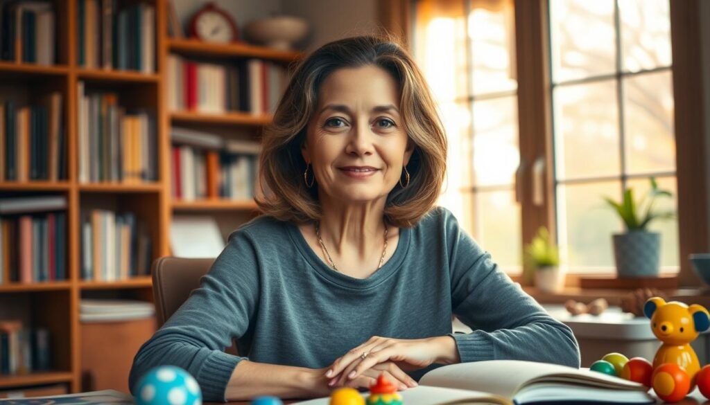 A portrait of Dra. Jô Furlan, a respected child psychologist, shown in a warm, natural setting. She is seated at a desk, surrounded by books and toys, with a soft, pensive expression on her face. Warm lighting illuminates her features, highlighting her thoughtful gaze. The background features a cozy, inviting home office, with bookshelves and a window offering a glimpse of a tranquil outdoor scene. The overall atmosphere conveys a sense of expertise, wisdom, and a deep understanding of child development and the importance of play.