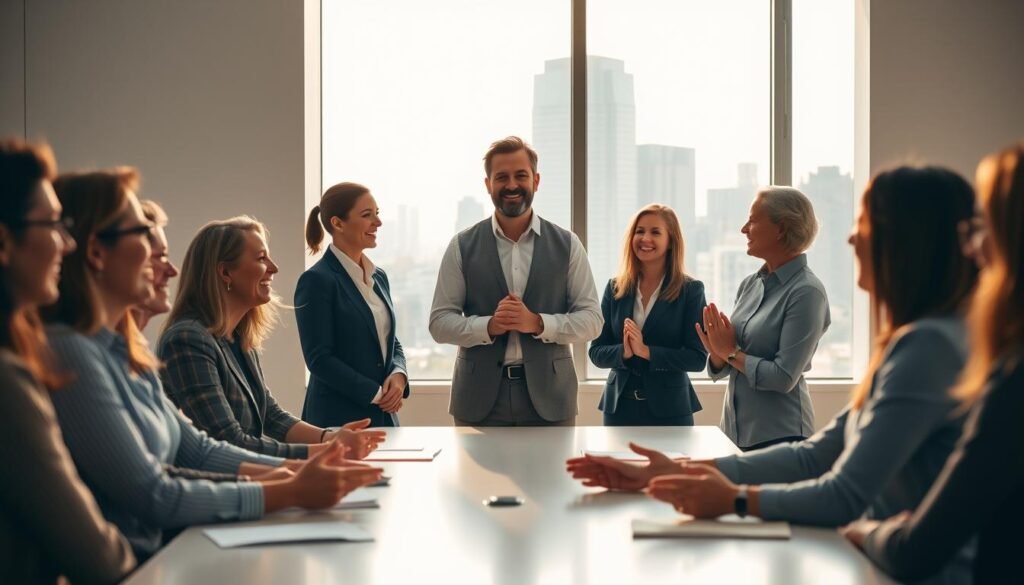 A serene and harmonious office setting, bathed in warm, natural lighting. In the foreground, a team of professionals gathered around a conference table, their expressions radiating joy and a sense of accomplishment. Subtle gestures of appreciation and camaraderie are exchanged, as they celebrate their collective achievements. In the middle ground, a manager stands, hands clasped, conveying a genuine smile of recognition and gratitude towards their dedicated employees. The background showcases a clean, minimalist workspace, with large windows offering a panoramic view of a thriving cityscape, symbolizing the growth and success that stems from a culture of appreciation and value.