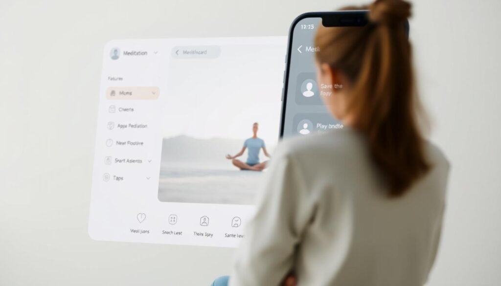 A serene and minimalist mobile app interface showcasing meditation-focused features. The foreground depicts a clean, intuitive dashboard with tranquil icons and soothing pastel tones. In the middle ground, a meditative pose of a person in lotus position, their face in a state of calm reflection. The background subtly blurs into a soft, gradient-based landscape, evoking a sense of zen and inner peace. The overall lighting is natural and diffused, creating a calming, ambient atmosphere. The composition and camera angle suggest a modern, user-friendly design tailored for corporate professionals seeking mindfulness tools in their daily lives.