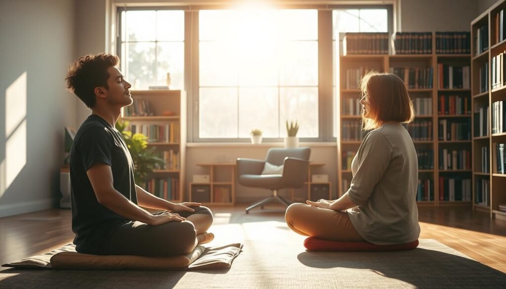 A serene and tranquil scene depicting the integrated treatment for hyperconnectivity. In the foreground, a person sits cross-legged on a meditation cushion, eyes closed in deep concentration. Sunlight filters through a large window, casting a warm glow on the scene. In the middle ground, a therapist sits opposite the patient, engaged in a thoughtful discussion. The background features bookshelves filled with volumes on psychology and mental health, suggesting a professional office environment. The overall atmosphere is one of balance, mindfulness, and a holistic approach to addressing the challenges of hyperconnectivity.
