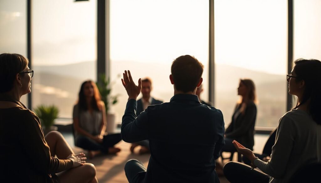 A serene, dimly lit office setting with a group of professionals seated in a circle, their eyes closed in deep contemplation. Soft, natural lighting filters through large windows, casting a warm glow on the scene. In the foreground, a mindfulness coach guides the session, their hands raised in a calming gesture. The middle ground features the attentive participants, their postures relaxed yet focused. The background blurs into a subtle, abstract landscape, emphasizing the tranquility of the moment. The overall atmosphere evokes a sense of inner peace, mental clarity, and professional growth.