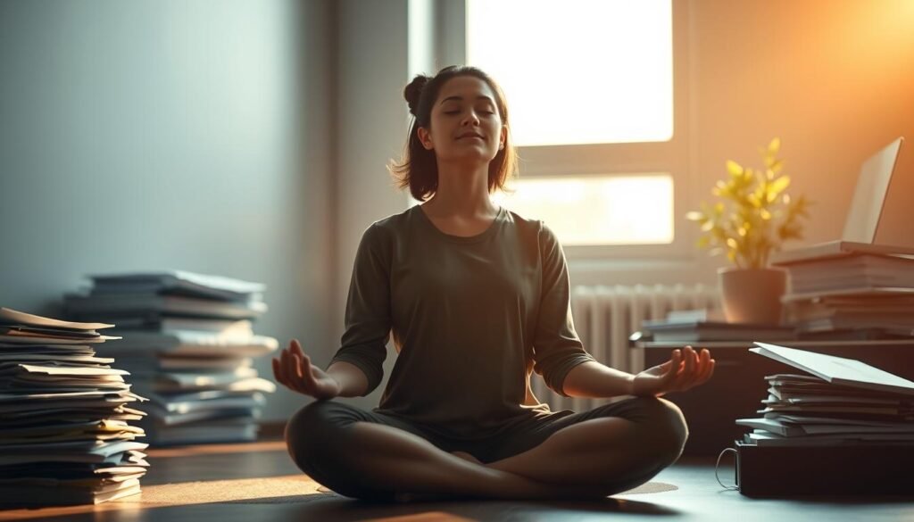 A serene, dimly lit office setting with a person sitting cross-legged on the floor, eyes closed, practicing mindfulness meditation. Soft natural light filters through a window, casting a warm glow on the scene. Stacks of paperwork, a laptop, and a potted plant suggest the challenges of incorporating mindfulness into a busy corporate environment. The pose and expression of the meditator convey a sense of focus, calm, and inner balance, hinting at the potential benefits of mindfulness in the face of workplace demands.