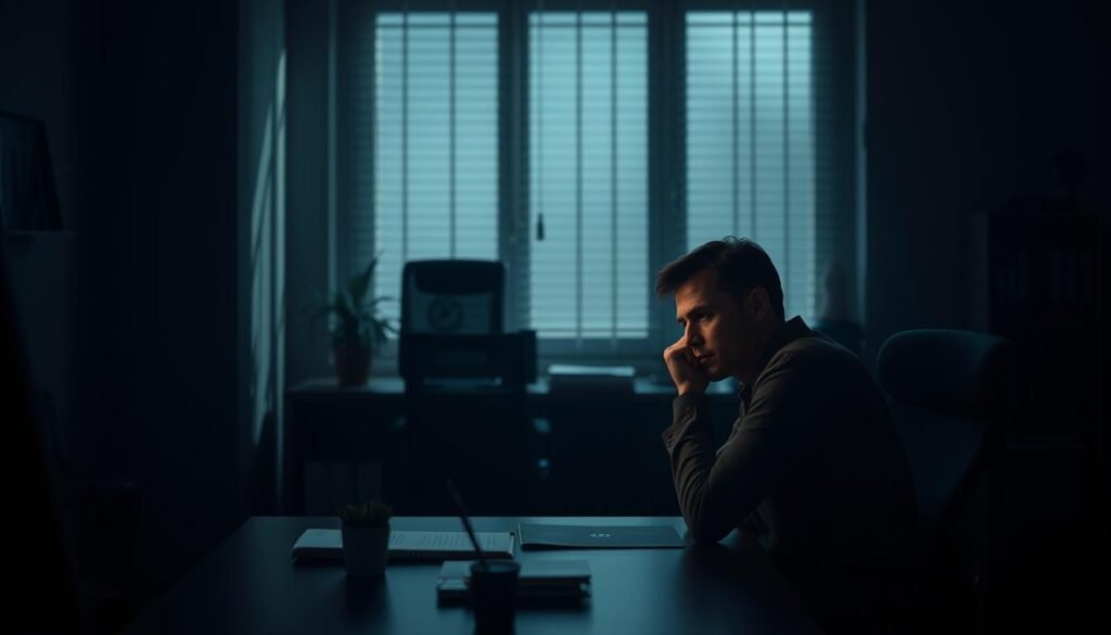 A serene, dimly lit office setting with a thoughtful leader seated at a desk, deeply engaged in contemplation. The room is characterized by muted tones, soft shadows, and a sense of introspection. The leader's facial expression conveys a compassionate, empathetic demeanor, conveying the challenges and complexities of empathetic leadership. Subtle details, such as a potted plant, a framed artwork, or a stack of books, suggest a balanced, considered approach to management. The overall atmosphere evokes a sense of thoughtful, empathetic guidance, reflecting the nuances and difficulties inherent in leading with emotional intelligence.