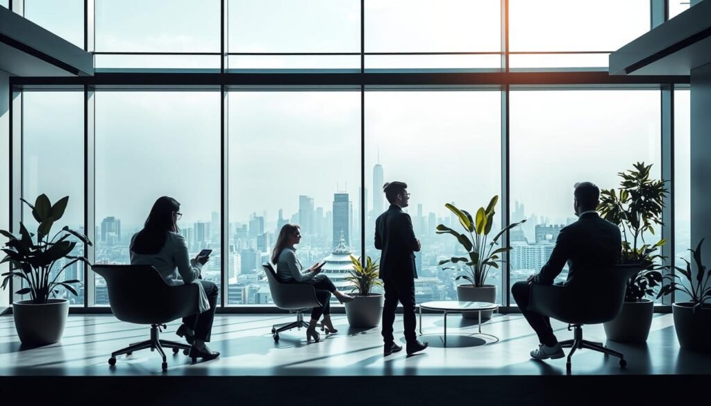 A serene, futuristic office setting with a focus on employee well-being and organizational culture. In the foreground, a group of professionals engages in a collaborative, relaxed discussion against a backdrop of floor-to-ceiling windows showcasing a panoramic cityscape. The lighting is soft and natural, creating a tranquil atmosphere. In the middle ground, ergonomic furniture and plants are strategically placed, promoting a sense of balance and harmony. The background features sleek, minimalist architecture with clean lines and muted tones, conveying a forward-thinking, innovative design. The overall scene radiates a sense of innovation, well-being, and a progressive organizational culture.