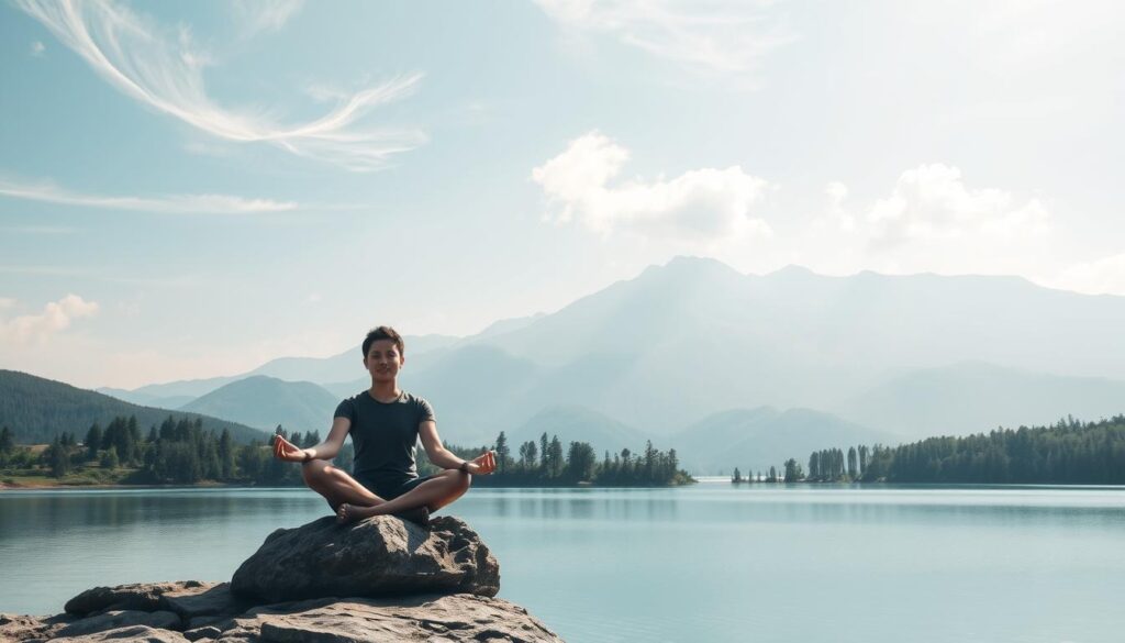 A serene, minimalist landscape with a person meditating in the foreground, sitting cross-legged on a rocky outcrop overlooking a calm, azure lake. Soft, diffused natural lighting filters through wispy clouds, casting a tranquil, contemplative atmosphere. The figure's pose exudes inner focus and resilience, their face peaceful and resolute. In the middle ground, verdant trees and rolling hills recede into the distance, symbolizing the journey of personal growth. The background features a majestic mountain range, its peaks reaching towards the heavens, evoking a sense of limitless potential. The overall scene conveys a harmonious balance between the individual's mental fortitude and the inspiring natural world around them. A serene, minimalist landscape with a person meditating in the foreground, sitting cross-legged on a rocky outcrop overlooking a calm, azure lake. Soft, diffused natural lighting filters through wispy clouds, casting a tranquil, contemplative atmosphere. The figure's pose exudes inner focus and resilience, their face peaceful and resolute. In the middle ground, verdant trees and rolling hills recede into the distance, symbolizing the journey of personal growth. The background features a majestic mountain range, its peaks reaching towards the heavens, evoking a sense of limitless potential. The overall scene conveys a harmonious balance between the individual's mental fortitude and the inspiring natural world around them.