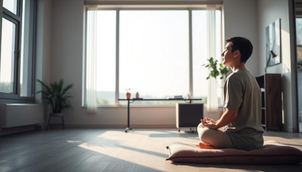 A serene, minimalist office setting with a large window overlooking a peaceful outdoor scene. In the foreground, a person sitting cross-legged on a meditation cushion, eyes closed, engaged in a focused, mindful practice. Soft, natural lighting filters in, casting a warm, calming glow. The middle ground features a simple desk with a few plants and a notebook, hinting at the integration of mental training into the workday. The background showcases a tranquil landscape, perhaps a garden or park, suggesting the harmony between inner and outer worlds. The overall atmosphere conveys a sense of clarity, tranquility, and the power of mental discipline.