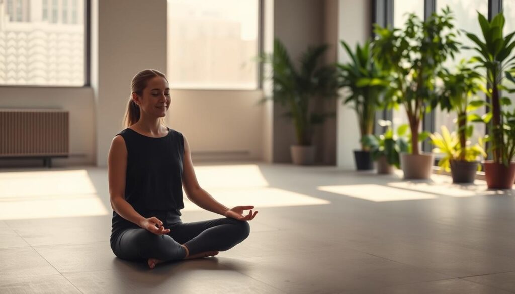 A serene, minimalist scene depicting emotional balance and resilience in the workplace. In the foreground, a person seated in a meditative pose, their expression calm and centered. Soft, natural lighting filters in through large windows, casting a warm glow. The middle ground features a simple, elegant office space with clean lines and muted tones, conveying a sense of order and focus. In the background, a lush, verdant indoor garden provides a tranquil, natural counterpoint, symbolizing the importance of maintaining a healthy work-life balance. The overall atmosphere is one of harmony, mindfulness, and the power of organizational culture to foster mental resilience. A serene, minimalist scene depicting emotional balance and resilience in the workplace. In the foreground, a person seated in a meditative pose, their expression calm and centered. Soft, natural lighting filters in through large windows, casting a warm glow. The middle ground features a simple, elegant office space with clean lines and muted tones, conveying a sense of order and focus. In the background, a lush, verdant indoor garden provides a tranquil, natural counterpoint, symbolizing the importance of maintaining a healthy work-life balance. The overall atmosphere is one of harmony, mindfulness, and the power of organizational culture to foster mental resilience.