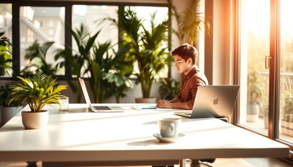 A serene office scene, bathed in warm, natural light filtering through large windows. In the foreground, a desk with minimal, neatly organized items - a laptop, a plant, and a cup of coffee. The middle ground features a person sitting at the desk, focused and engaged, their posture and facial expression conveying a sense of calm, deliberate attention. The background showcases a tranquil, plant-filled interior, creating a soothing, contemplative atmosphere. The overall composition suggests a mindful, behavioral approach to productivity and work-life balance.