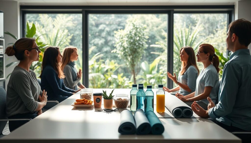 A serene office setting, bathed in soft, natural lighting. In the foreground, a group of employees engaged in a guided meditation session, their faces calm and focused. In the middle ground, a selection of wellness resources - healthy snacks, yoga mats, and water bottles - arranged neatly on a modern, minimalist desk. The background features a large window overlooking a lush, verdant garden, creating a sense of tranquility and connection to nature. The overall atmosphere is one of balance, mindfulness, and a commitment to employee well-being. A serene office setting, bathed in soft, natural lighting. In the foreground, a group of employees engaged in a guided meditation session, their faces calm and focused. In the middle ground, a selection of wellness resources - healthy snacks, yoga mats, and water bottles - arranged neatly on a modern, minimalist desk. The background features a large window overlooking a lush, verdant garden, creating a sense of tranquility and connection to nature. The overall atmosphere is one of balance, mindfulness, and a commitment to employee well-being.