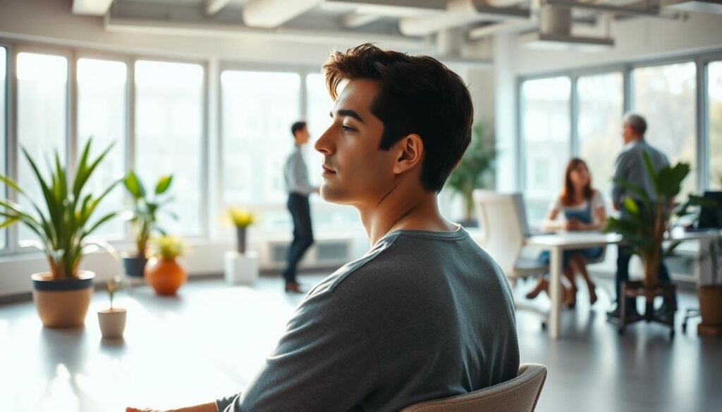 A serene office setting, bathed in warm, natural lighting that filters through large windows. In the foreground, a person sits at a desk, deep in contemplation, their facial expression conveying a sense of mindfulness and inner peace. The middle ground features potted plants and a minimalist decor, creating a calming, zen-like atmosphere. In the background, colleagues engage in casual, supportive conversations, highlighting the importance of a collaborative and mentally-nurturing work environment. The overall scene exudes a sense of balance, well-being, and a focus on the employee's holistic mental health within the professional context.