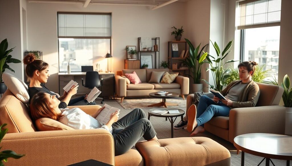 A serene office setting, bathed in warm, natural lighting. In the foreground, a group of professionals relaxing on comfortable, ergonomic furniture, engaging in various sleep-promoting activities - some reading tranquil books, others practicing mindfulness exercises. The middle ground features a cozy nook with plush pillows and soothing ambient music, inviting employees to take a restorative power nap. In the background, tasteful decor and plants create a calming, zen-like atmosphere, promoting a culture of healthy sleep habits and work-life balance. The overall scene conveys a progressive, employee-centric workspace that prioritizes staff wellbeing through strategic sleep strategies.