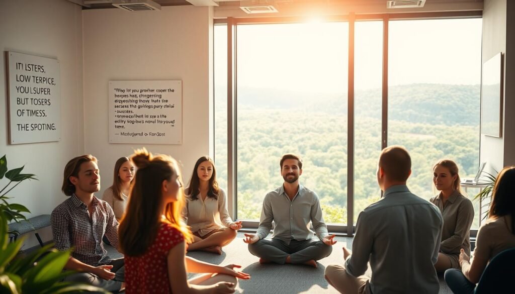 A serene office setting, bathed in warm, natural lighting. In the foreground, a team of professionals engaged in a group meditation session, their faces radiating calm and focus. In the middle ground, motivational quotes and success stories adorn the walls, inspiring the team's journey towards mental well-being. The background showcases a panoramic view of a lush, verdant landscape, symbolizing the growth and rejuvenation that can come from effective mental training. The overall atmosphere conveys a sense of harmony, productivity, and a shared commitment to personal and professional development.