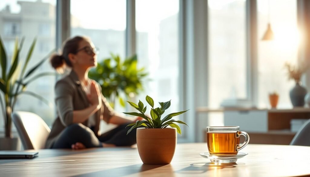 A serene office setting, with a focused businessperson practicing mindful breathing exercises. Soft, natural lighting filters through large windows, casting a calming glow. In the middle ground, a potted plant and a cup of herbal tea symbolize the tranquility and wellness. The background features minimalist decor, hinting at a workspace designed for mental clarity and stress reduction. The overall atmosphere conveys a sense of balance, control, and inner peace, reflecting the "Estratégias de Gerenciamento do Estresse" theme.