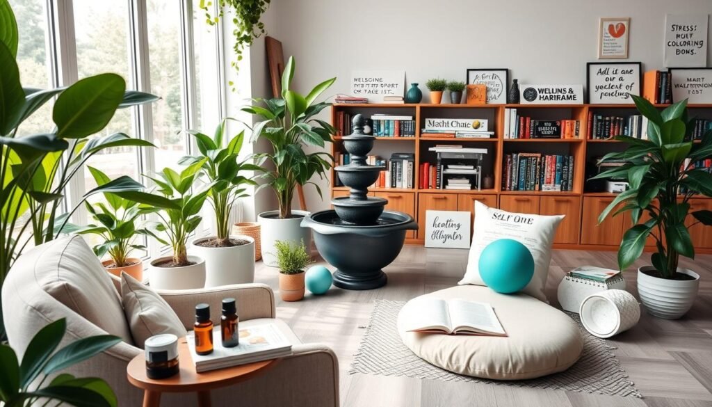 A serene office space with lush potted plants, a calming water fountain, and natural lighting streaming through large windows. In the foreground, a comfortable armchair and a side table with soothing essential oils and a mindfulness journal. The middle ground features a meditation cushion and an array of self-care tools like stress balls, adult coloring books, and noise-canceling headphones. The background showcases bookshelves filled with wellness resources and inspirational quotes. An overall atmosphere of tranquility and rejuvenation, promoting a sense of balance and mental well-being in the workplace.